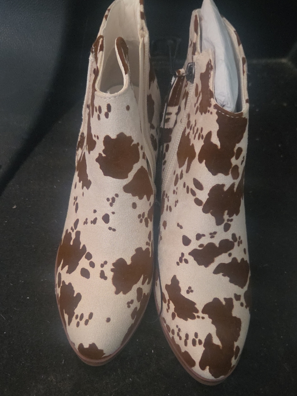 Cowprint Brown & Cream Ankle Boots - Women's Stylish Slip-On